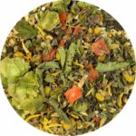 Herbal tea for digestion with loose leaf blend of fennel, camomile, liquorice root, and other soothing herbs, caffeine-free and ideal for upset stomachs.