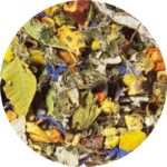 Herbal sleep tea blend with loose leaf ingredients including hops, lavender, camomile, and St. John's Wort, caffeine-free with peach and lemon flavour.