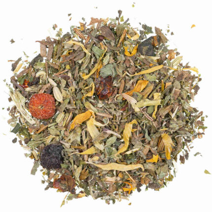 Valerian sleep tea blend called Oidhche Mhath, with loose leaf ingredients like lemon balm, passionflower, and peppermint, caffeine-free for bedtime relaxation.