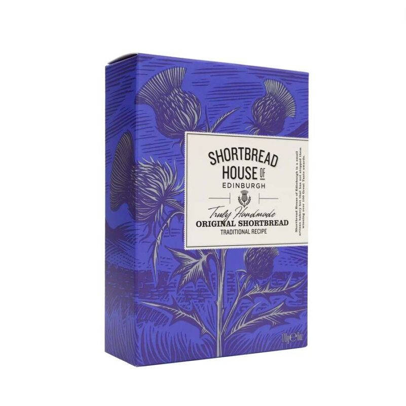 Box of handmade Scottish Shortbread Fingers in traditional Scottish thistle gift packaging 170g