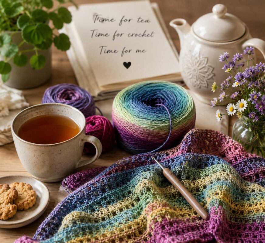 Hebridean Hook & Brew Coffee and Crochet Subscription Box with 800m gradient yarn cake, freshly roasted coffee and free crochet pattern
