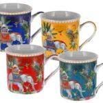 Porcelain elephant mug set featuring four assorted colourful designs with ornate elephants and tropical foliage, 300ml capacity each, in one gift box.