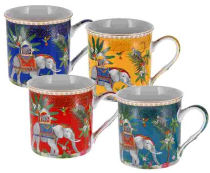 Porcelain elephant mug set featuring four assorted colourful designs with ornate elephants and tropical foliage, 300ml capacity each, in one gift box.