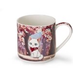 Cherry blossom cat mug featuring Kohana the kitten in chibi style, surrounded by pink sakura blossoms. Bone china with 350ml capacity.