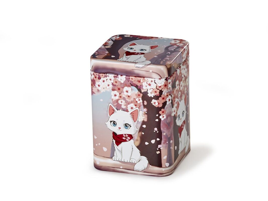 cute tea caddy Marie with cat and cherry blossoms