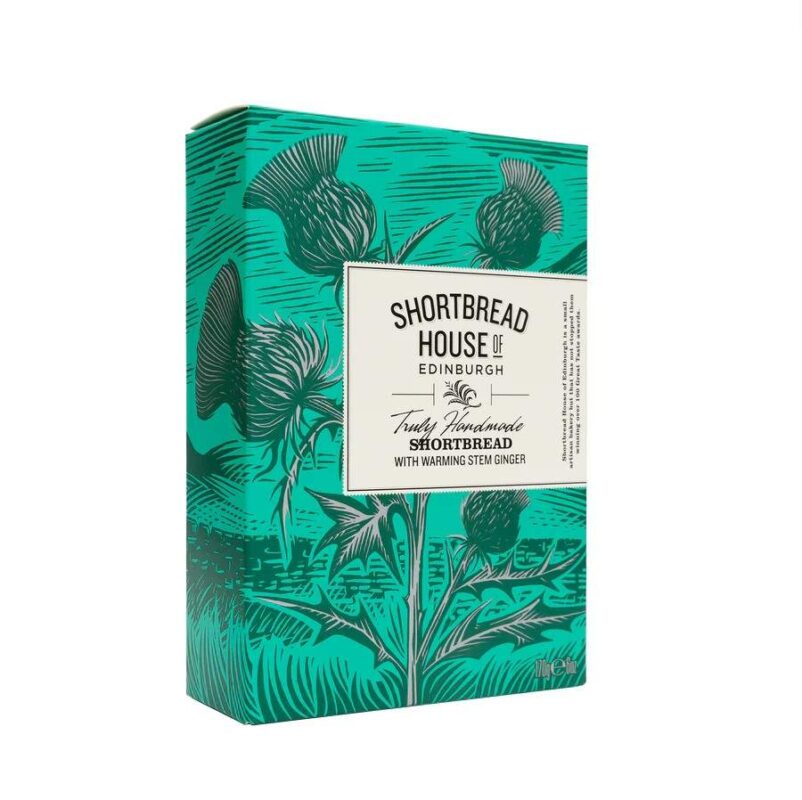 Box of handmade Scottish Ginger Shortbread Fingers in Scottish thistle gift packaging 170g