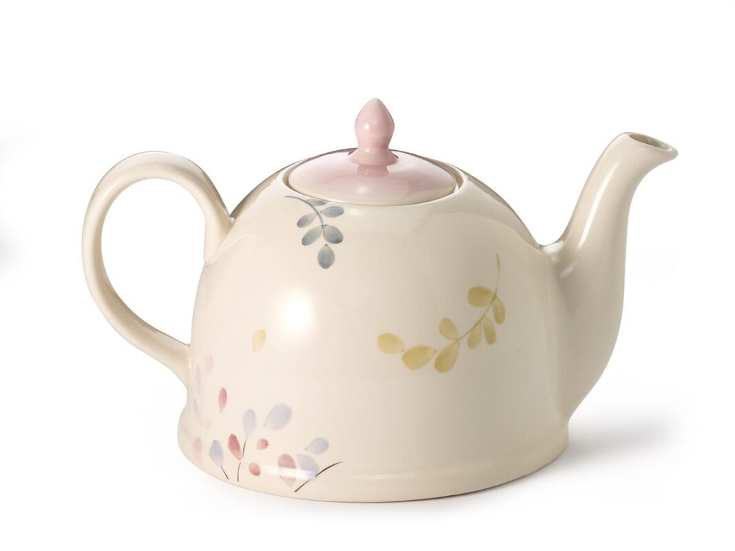 Pastel ceramic teapot with hand-painted pastel leaves in pink, blue, and yellow, blush pink lid, 1.9L capacity, elegant and rustic in style.