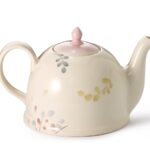 Pastel ceramic teapot with hand-painted pastel leaves in pink, blue, and yellow, blush pink lid, 1.9L capacity, elegant and rustic in style.