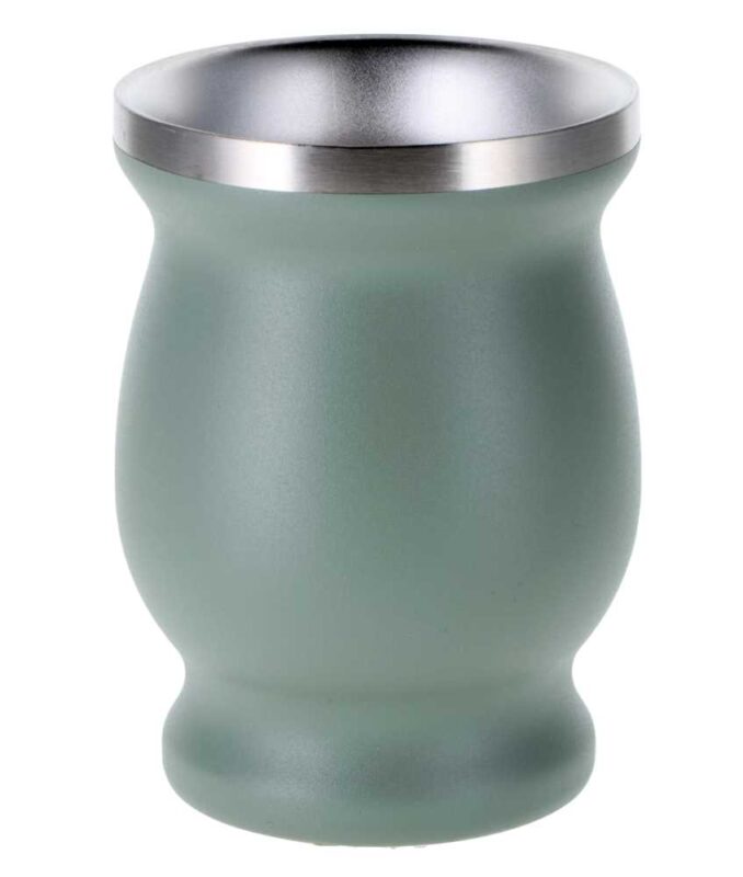 Stainless steel mate cup with 240ml capacity, featuring a double-walled design and matte green exterior, ideal for Yerba Mate or herbal infusions.