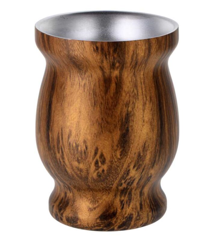 Wood effect mate cup with double-walled stainless steel interior and 240ml capacity, ideal for Yerba Mate or loose-leaf tea.