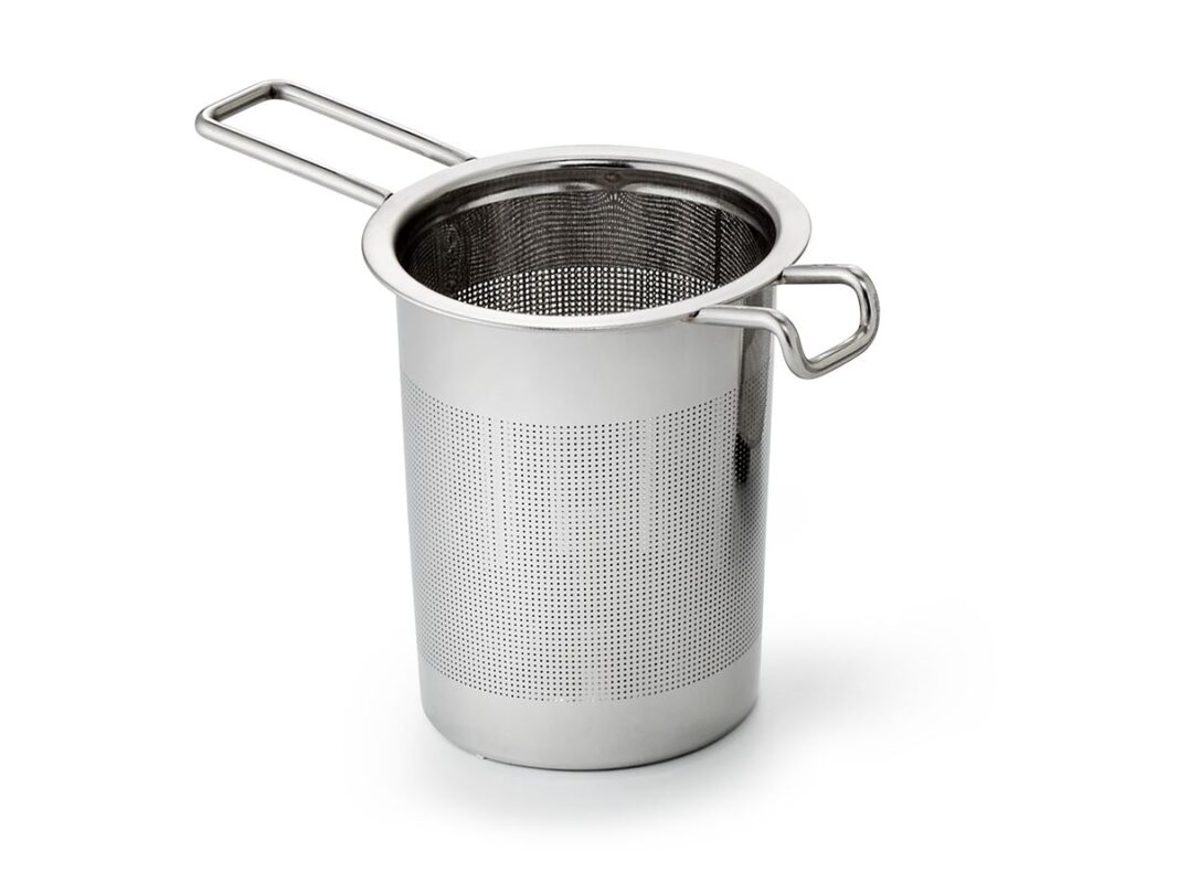 Stainless steel tea strainer with handles , designed to fit teapots, mugs, and cups for easy loose leaf tea brewing.