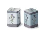 Caddy Thistle tea storage tin inspired by Scotland’s national flower in blue and purple tones
