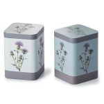 Caddy Thistle tea storage tin inspired by Scotland’s national flower in blue and purple tones