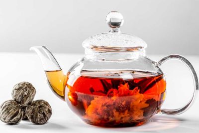 flowering tea in glass teapot
