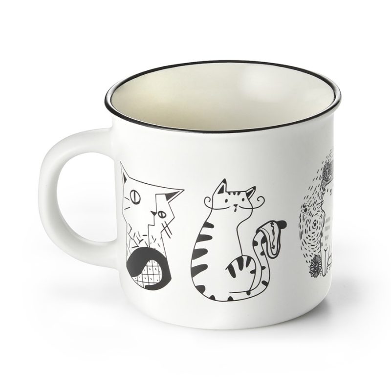 Artist Cats Mug – 0.4 L white mug with playful black-and-white cat designs in artistic styles