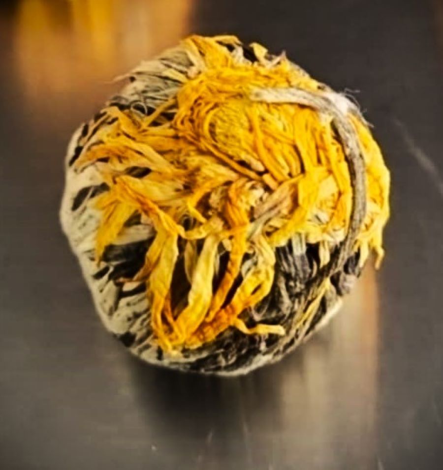 tea flower chrysanthemum Tea Rose Chrysanthemum flowering tea – hand-tied tea ball opening into golden chrysanthemum