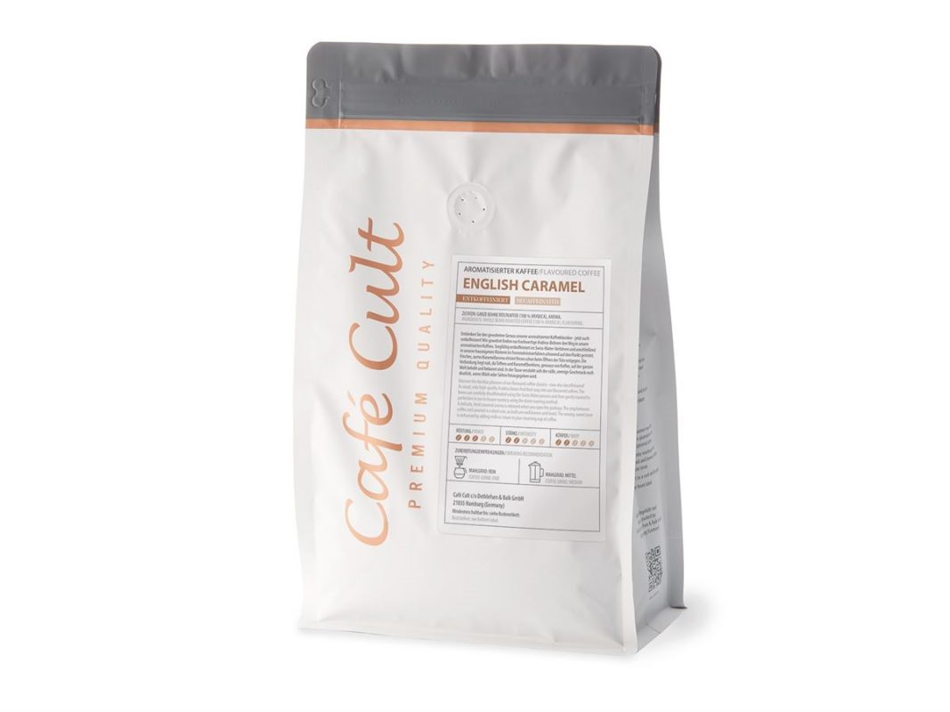 Bag of English Caramel Decaffeinated Coffee with sweet caramel flavour notes