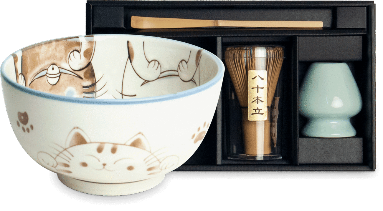 Matcha set Aoi Neko with cat bowl, bamboo whisk and accessories in gift box