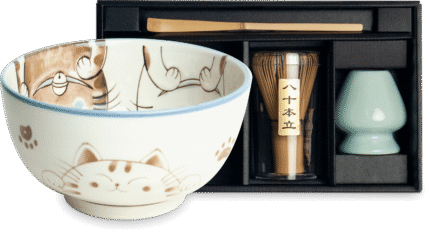 Matcha set Aoi Neko with cat bowl, bamboo whisk and accessories in gift box