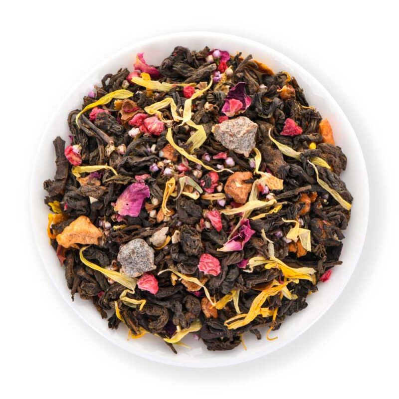 Sunset Glow loose leaf Pu-Erh tea with peach, roasted apple, orange peel and colourful flower petals