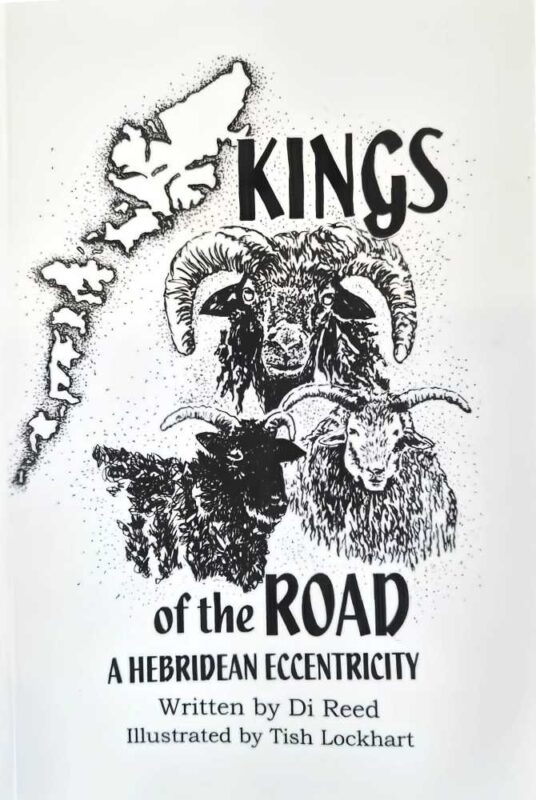 Cover of Kings of the Roads by Di Reed, a humorous book inspired by the Black Hebridean sheep of Lewis and Harris.