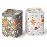 Hazel Autumn Tea Tin in dark grey and cream with embossed woodland designs featuring autumn leaves, hazelnuts and acorns