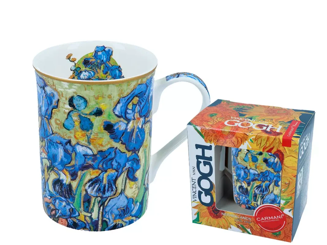 Vincent van Gogh Irises porcelain mug featuring colourful blue iris artwork with matching gift box