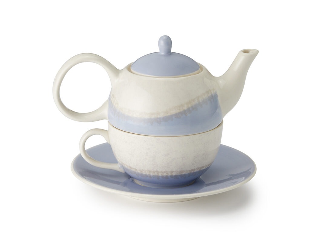 Hand-painted stoneware Tea for One Set Kaleo in soft blue and cream with stackable teapot, cup and saucer.