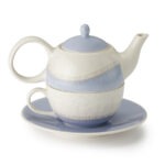 Hand-painted stoneware Tea for One Set Kaleo in soft blue and cream with stackable teapot, cup and saucer.